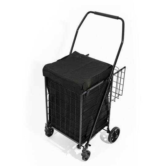 4 Tekerlekli 60 L Katlanabilir Kılıflı Pazar Arabası - 360° Dönebilen Metal İskeletli Siyah Alışveriş Arabası