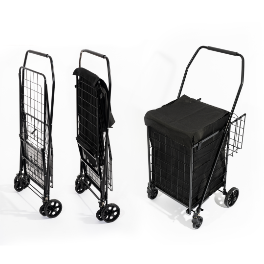 4 Tekerlekli 60 L Katlanabilir Kılıflı Pazar Arabası - 360° Dönebilen Metal İskeletli Siyah Alışveriş Arabası (1)