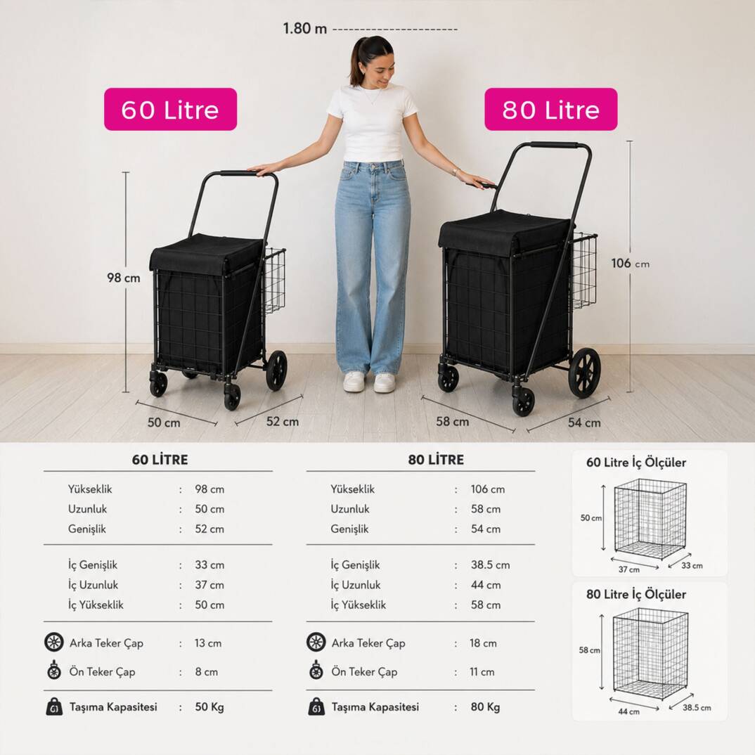 4 Tekerlekli 60 L Katlanabilir Kılıflı Pazar Arabası - 360° Dönebilen Metal İskeletli Siyah Alışveriş Arabası - 3