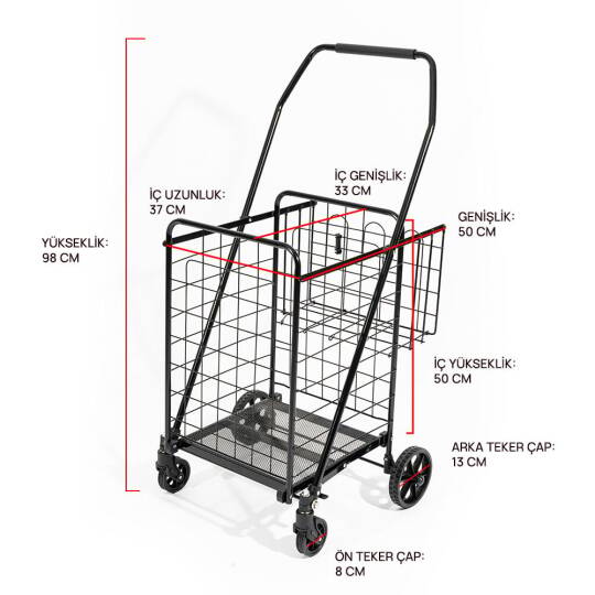 4 Tekerlekli 60 L Katlanabilir Kılıflı Pazar Arabası - 360° Dönebilen Metal İskeletli Siyah Alışveriş Arabası - 4