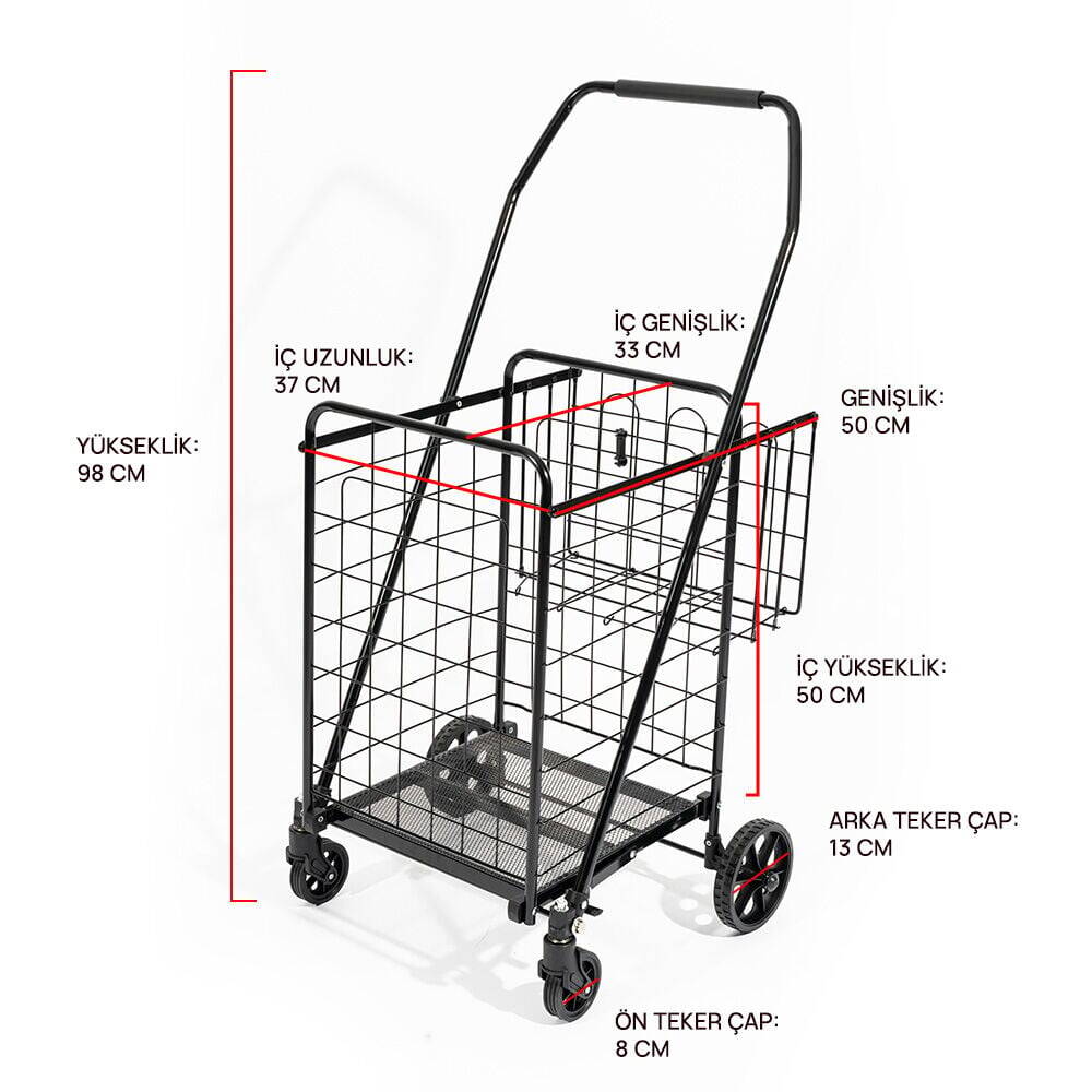 4 Tekerlekli 60 L Katlanabilir Kılıflı Pazar Arabası - 360° Dönebilen Metal İskeletli Siyah Alışveriş Arabası - 4