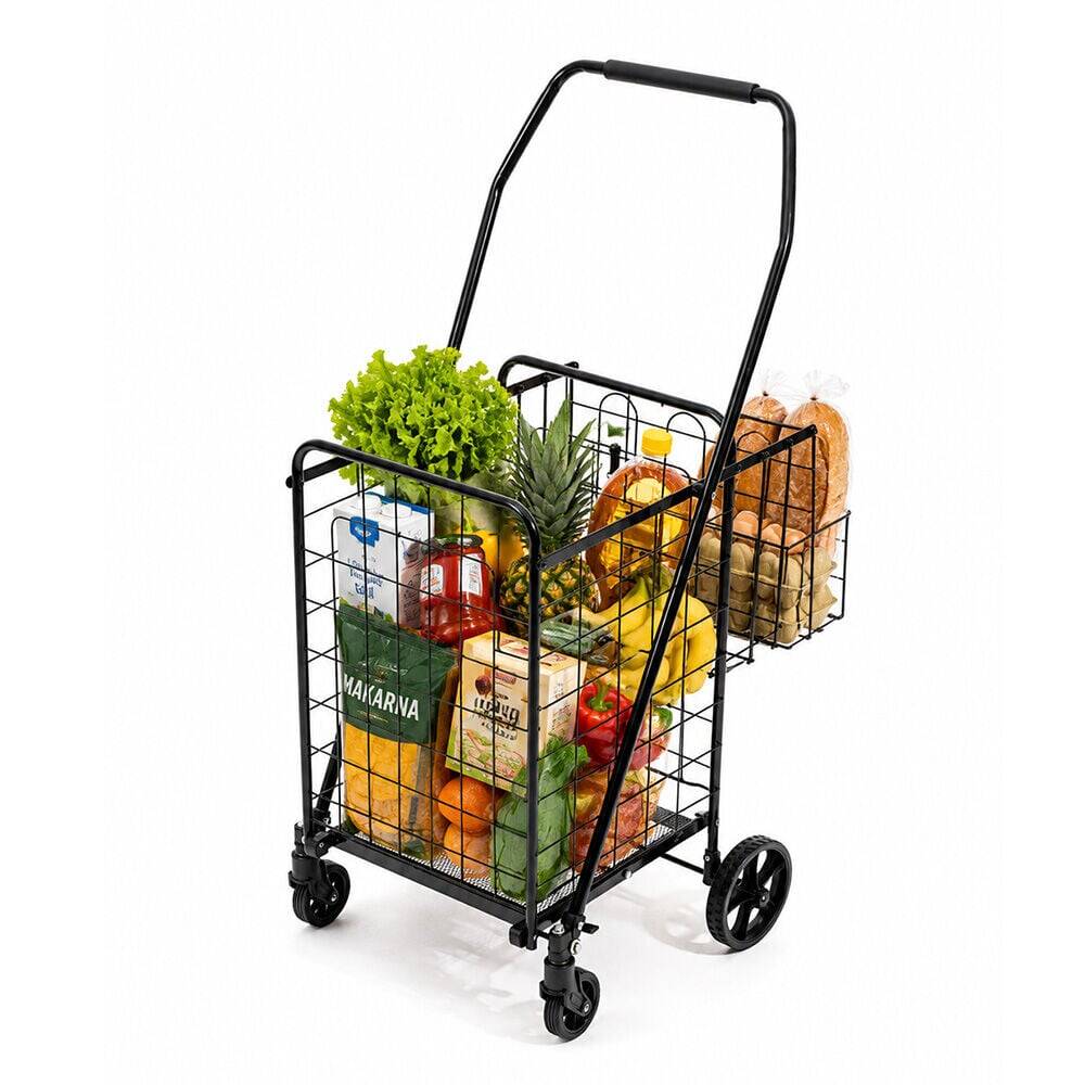 4 Tekerlekli 60 L Katlanabilir Kılıflı Pazar Arabası - 360° Dönebilen Metal İskeletli Siyah Alışveriş Arabası - 6