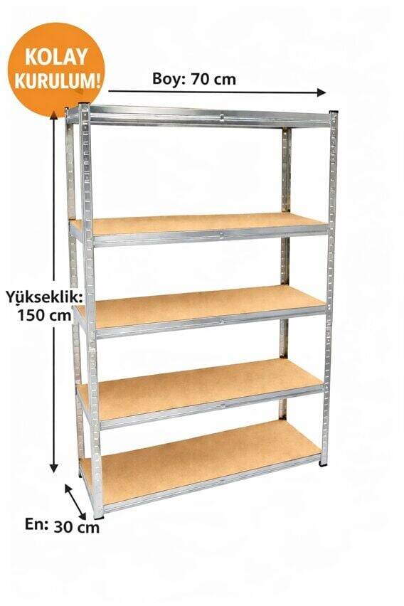 5 Katlı Hafif Yük Rafı, Paslanmaz Galvaniz Metal Raf 150x70x30 cm, Geçmeli Kolay Kurulum Depo, Arşiv, Kiler, Garaj, Ofis Rafı - 1