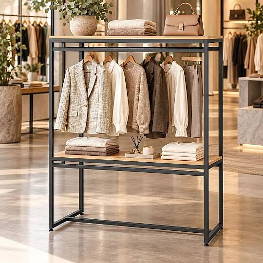 Metal Mağaza Askılığı, Çift Katlı Ahşap Tablalı Orta Reyon ve Konfeksiyon Teşhir Standı, 165x120x55 cm (1)