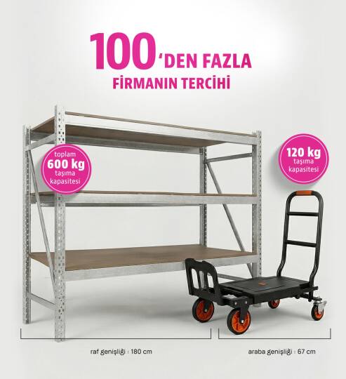 Ağır Yük Raf Ünitesi 180x180x60 cm ve Ayarlanabilir Katlanabilir Yük Koli Taşıma Arabası Dört Tekerlekli 120 Kg