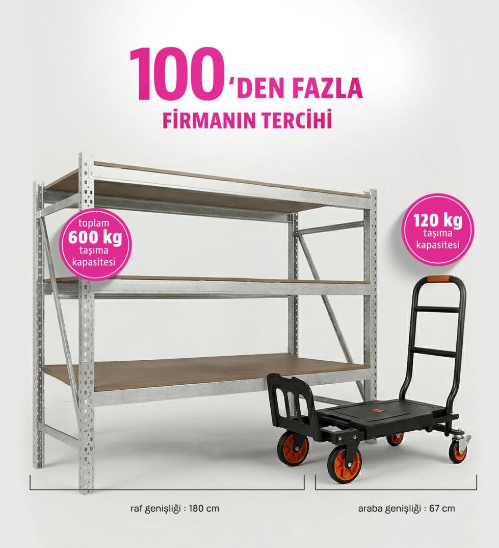 Ağır Yük Raf Ünitesi 180x180x60 cm ve Ayarlanabilir Katlanabilir Yük Koli Taşıma Arabası Dört Tekerlekli 120 Kg - 1
