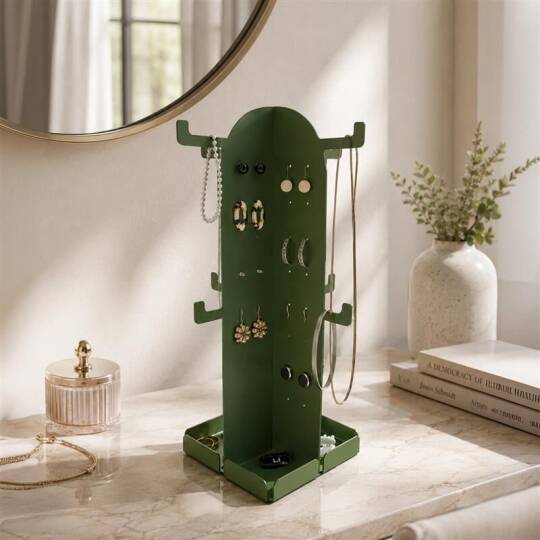 Kaktüs Metal Takı Standı ve Organizeri - Küpe Kolye Bilezik Aksesuar Askısı Alt Bölmeli Düzenleyici 32x20x20 cm - 2