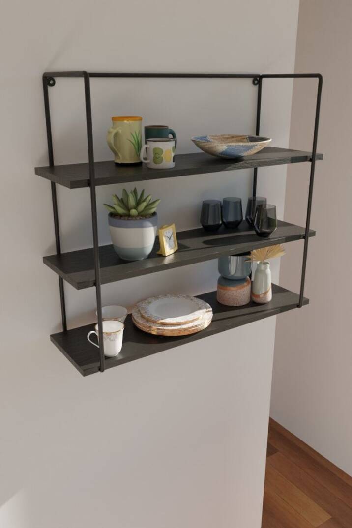 Akroraf Metal Gövdeli Huş Ağacı Duvar Rafı - 3 Katlı Kare Siyah Dekoratif 50x50x18 cm - Özel Tasarım - 2