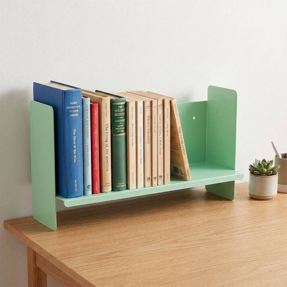 Yeşil Metal Duvar Rafı - Masa Üstü Kitaplık ve Çok Amaçlı Ofis Düzenleyici 21x50 cm - 6