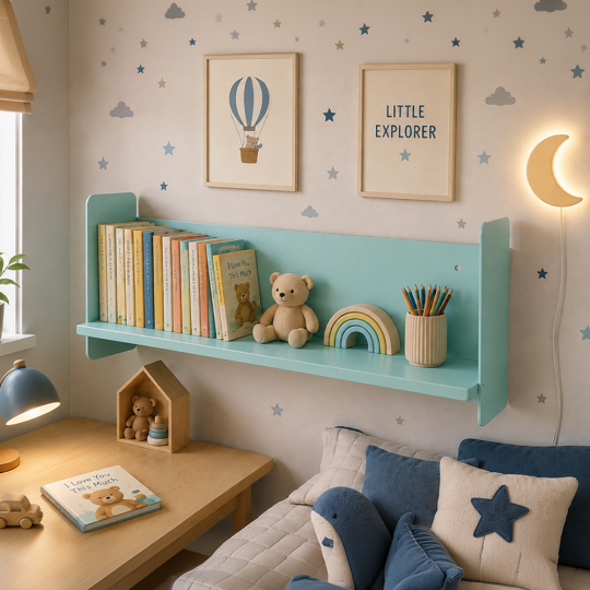 Mavi Metal Duvar Rafı - Masa Üstü Kitaplık ve Çok Amaçlı Ofis Düzenleyici 21x70 cm (1)