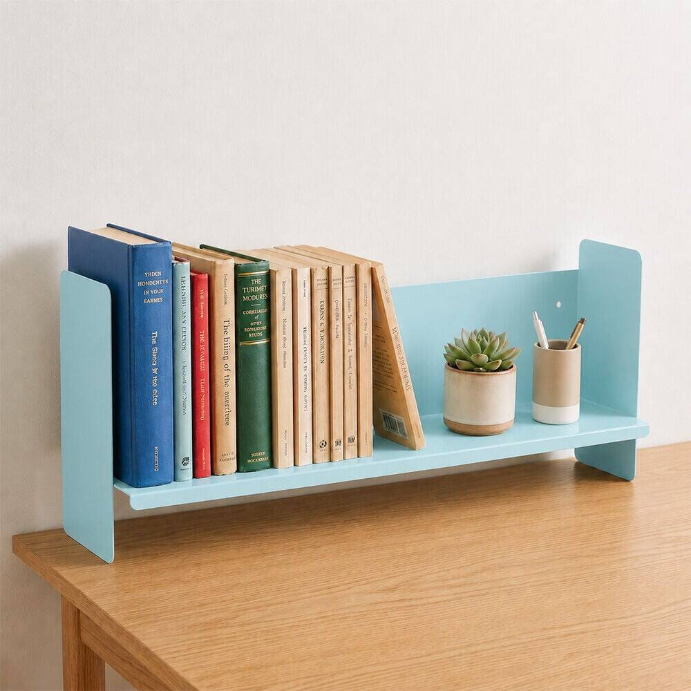 Mavi Metal Duvar Rafı - Masa Üstü Kitaplık ve Çok Amaçlı Ofis Düzenleyici 21x70 cm - 3